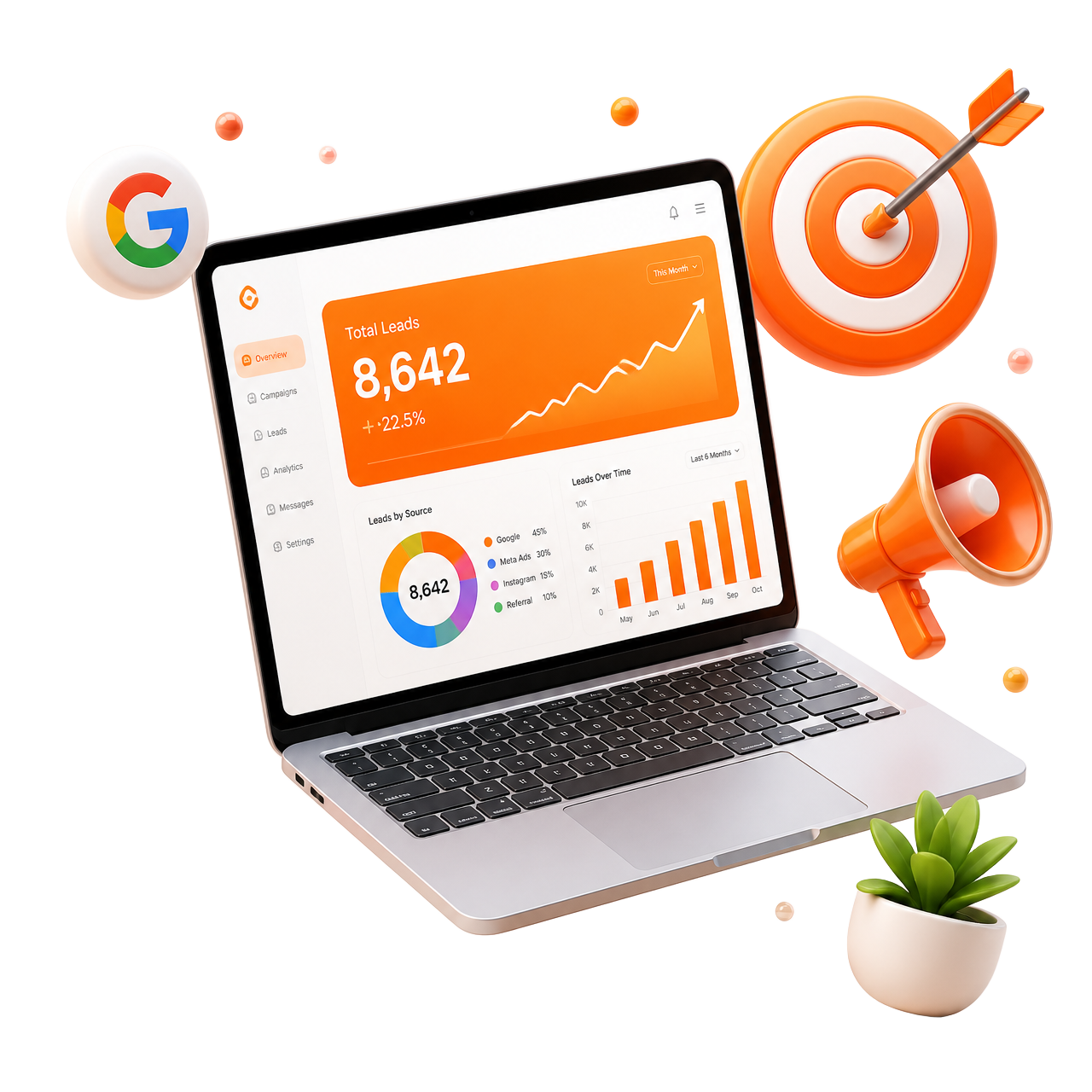 3D laptop showing Lead Lakshya lead-generation dashboard surrounded by floating marketing icons